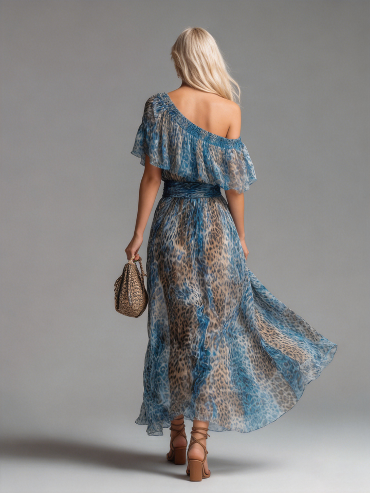 Άγριο - Μακρύ φόρεμα chiffon με λεοπάρ σχεδίαση και γυμνά ώμους